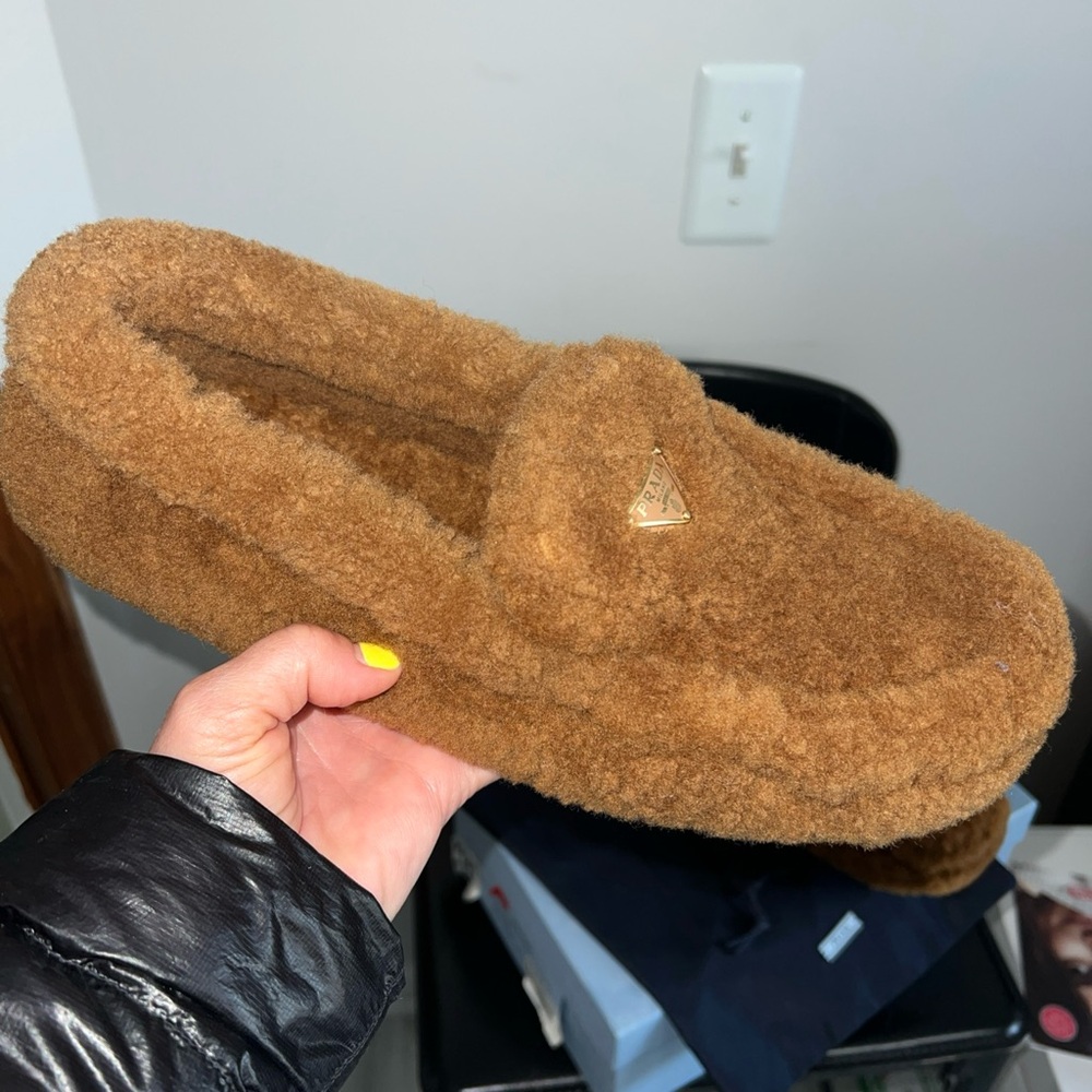 Prada Brown Fuzzy Shearling Loafers with Gold Logo